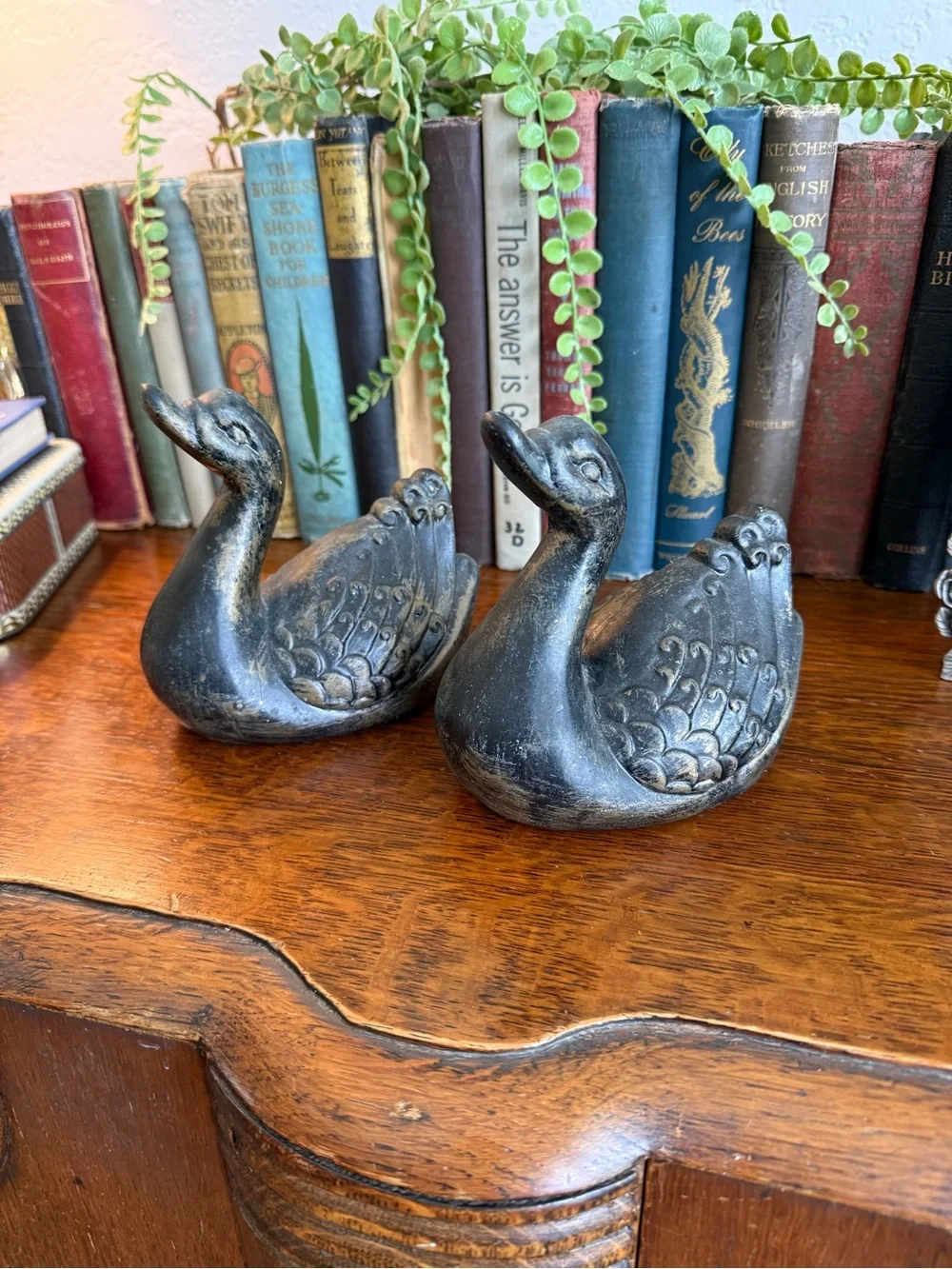 Vintage MCM Swan Figurine Pair • Black Matte with Gold Accent